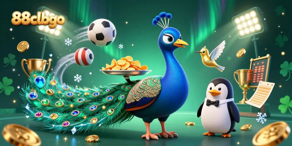 Join the excitement at 88clbgo with a 3D casino scene featuring a peacock, penguin server, and dynamic sports elements.