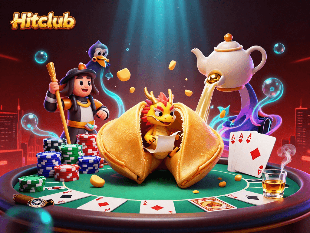 Hitclub showcases a vibrant casino scene with a wise dragon and poker elements.