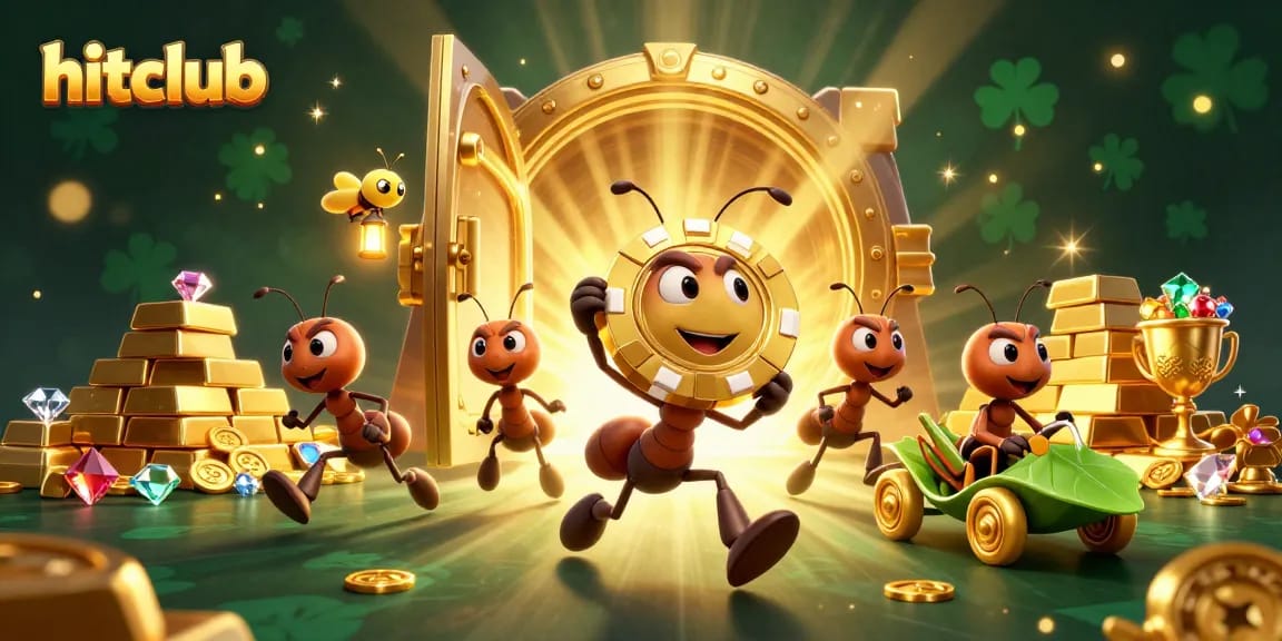 Hitclub showcases a dynamic heist scene with 3D cartoon ants, vibrant casino treasures, and gaming excitement.