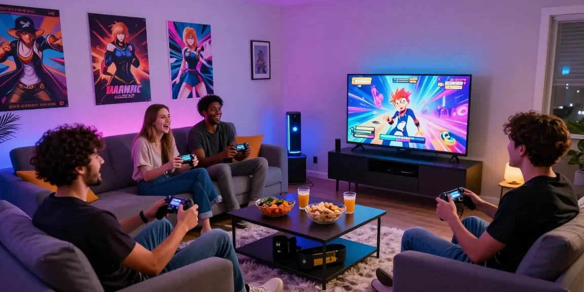 Friends enjoying a real ecchi game in a vibrant gaming room.