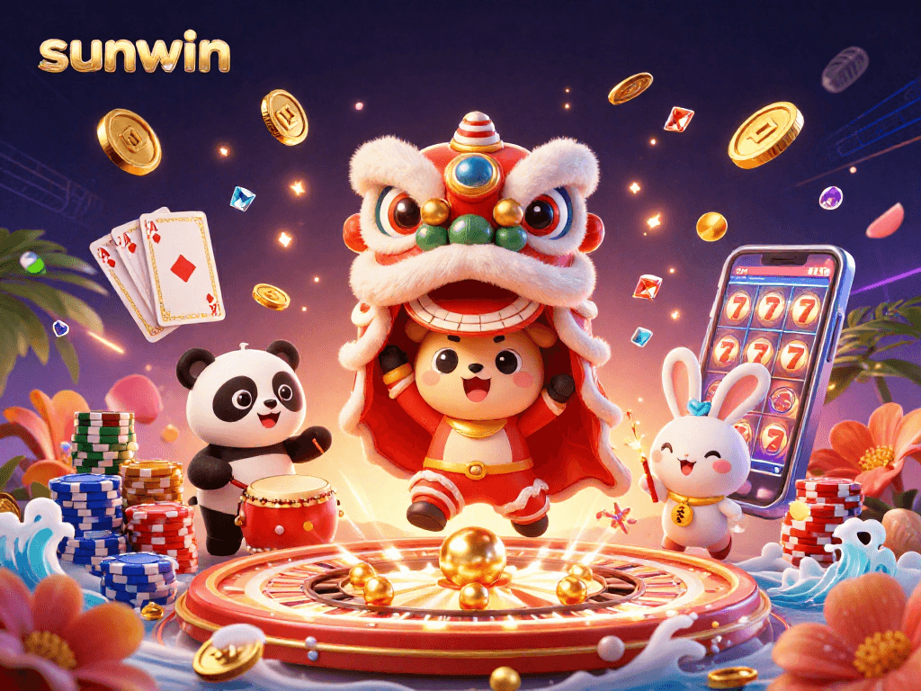 Experience thrilling games at Sunwin with vibrant characters and sparkling casino elements.