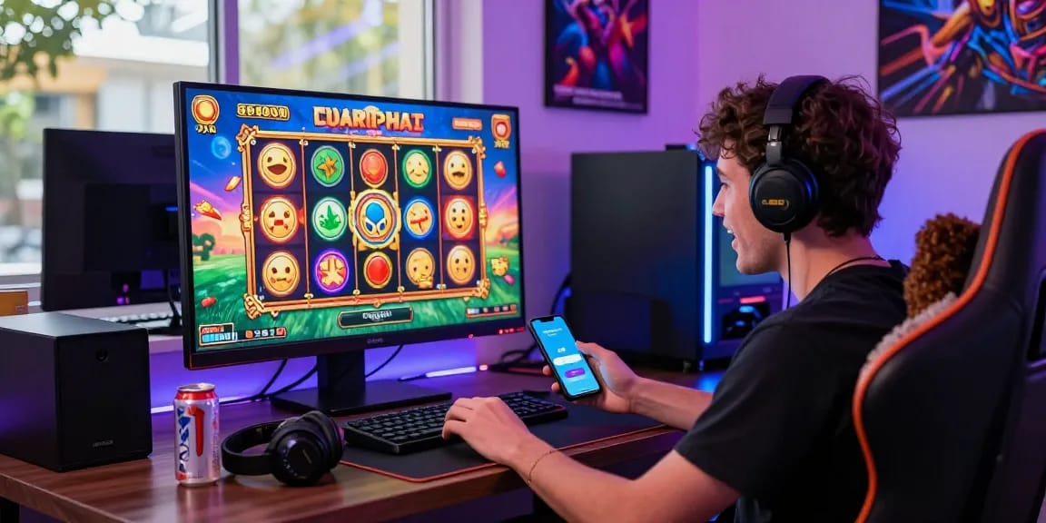 Engaging player enjoying online gaming with depo pulsa 10k tanpa potongan feature visible on screen, lively gaming setup.