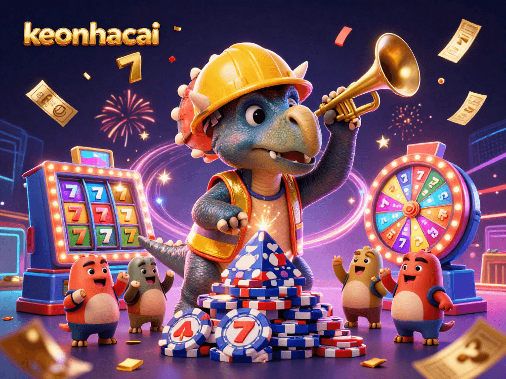 Keonhacai celebrates wins in the casino with a vibrant 3D illustration, featuring a triceratops and joyous gambling elements.