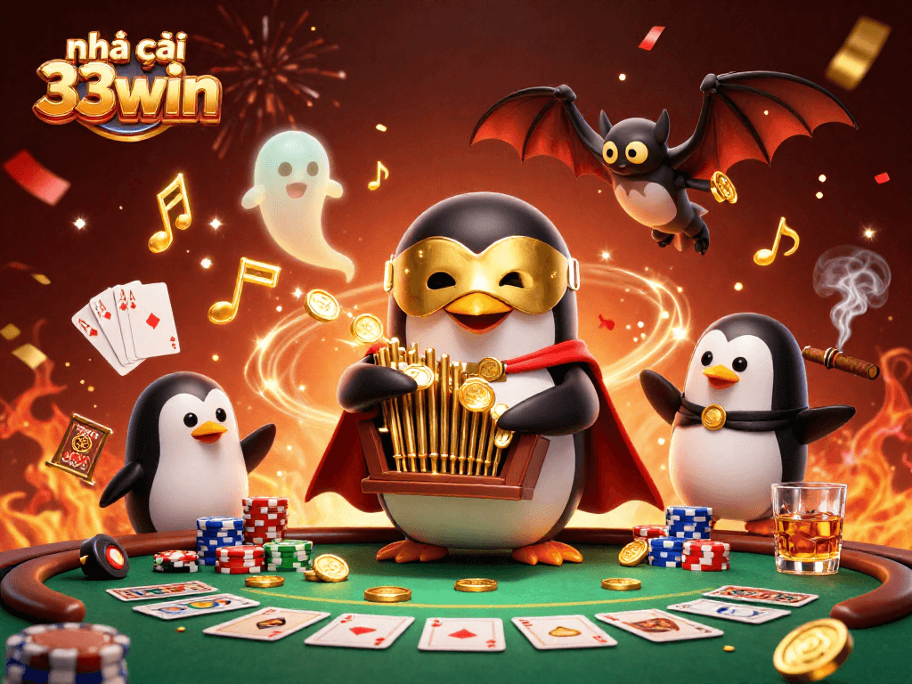 Experience thrilling gameplay with nhà cái 33win in an energetic casino scene featuring a penguin and poker elements.