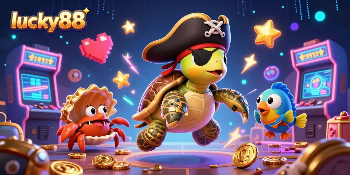Experience lucky88 with vibrant casino-themed characters amidst sunken treasures and arcade machines.