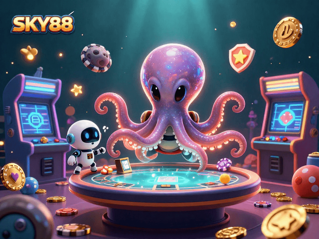 Engage with SKY88, featuring an alien octopus at a poker table with vibrant elements.