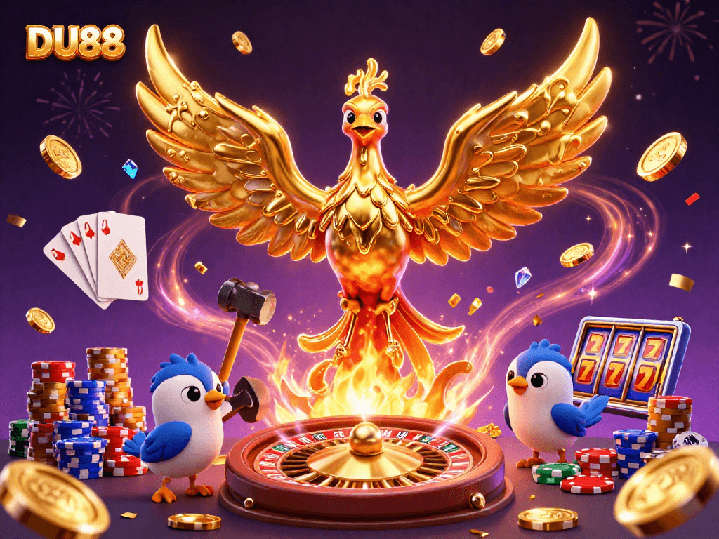 Activate thrilling DU88 gameplay with golden phoenix, roulette, and poker elements in a vibrant scene.