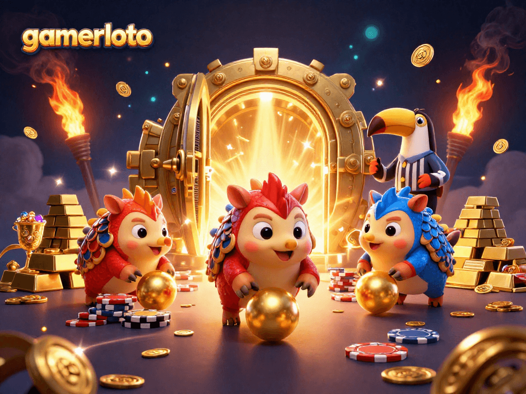Playful pangolins compete in a vibrant gamerloto scene with golden rewards and poker chips.