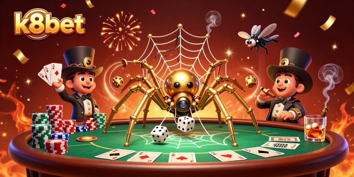 Engage in thrilling games at k8bet as a steampunk spider weaves its chain web in this vibrant scene.