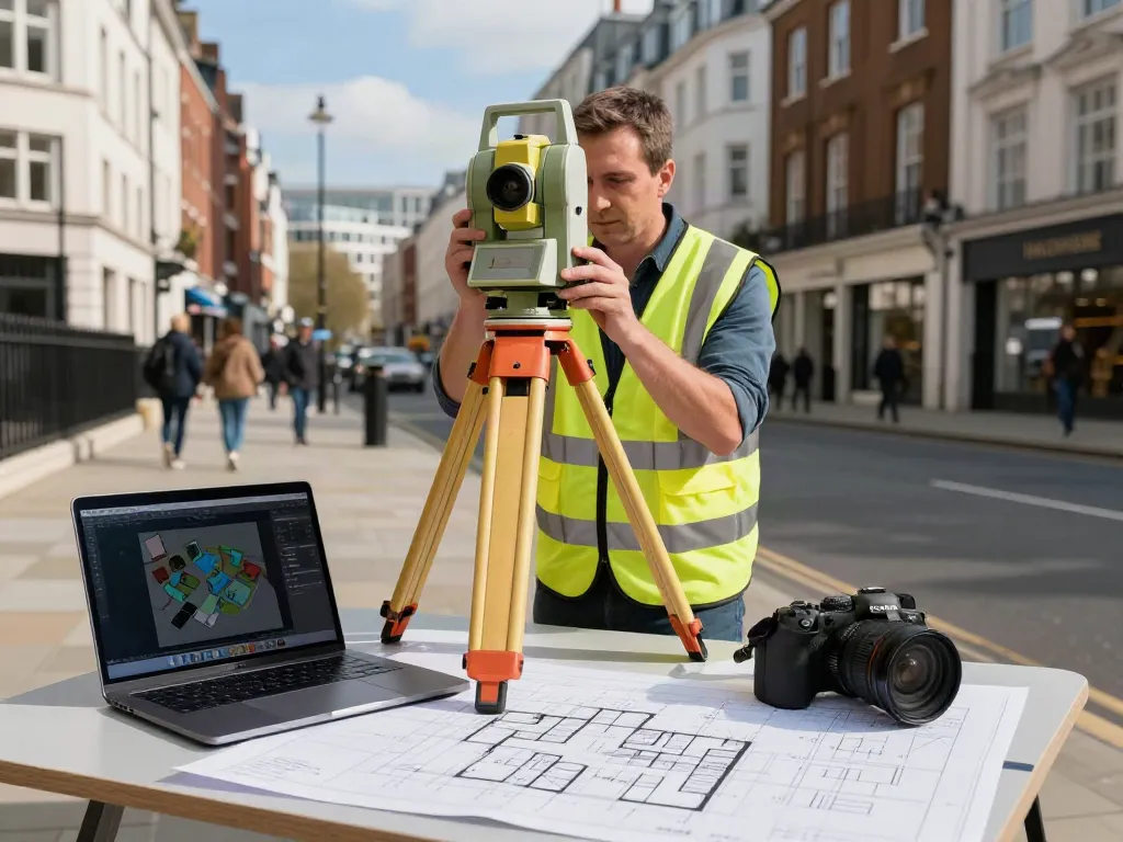 Measured Building Surveyors London using total station for accurate surveys in urban setting.