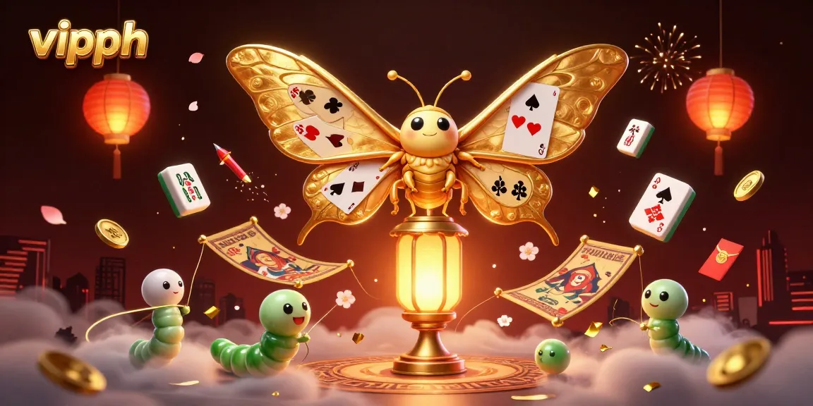 Engage with vipph's vibrant online casino scene, featuring golden-winged moths and floating mahjong tiles.