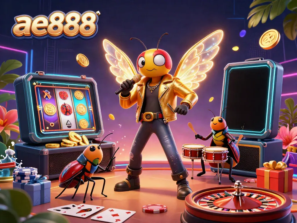 Experience the electrifying ae888 gambling scene featuring a cicada rock star and vibrant casino elements.