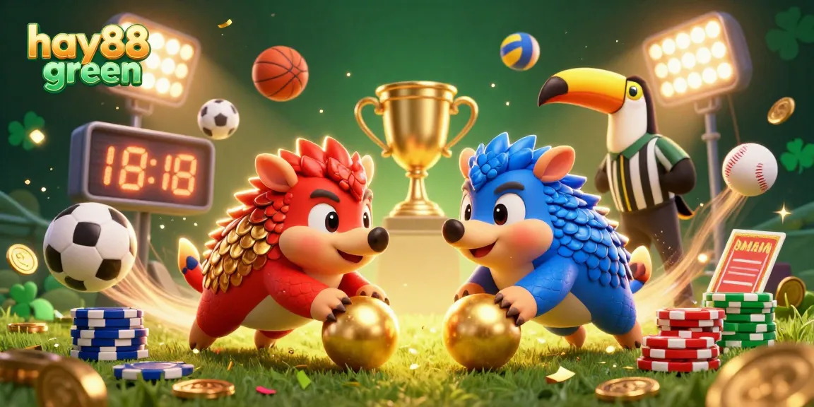 Engaging scene depicting hay88 green's colorful pangolins battling amidst gaming symbols and vibrant sports elements.