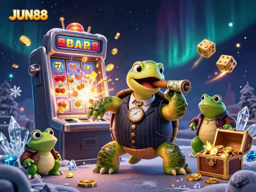 JUN88 showcases a vibrant casino scene with a mobster turtle, bullfrog enforcers, and dynamic gaming elements.