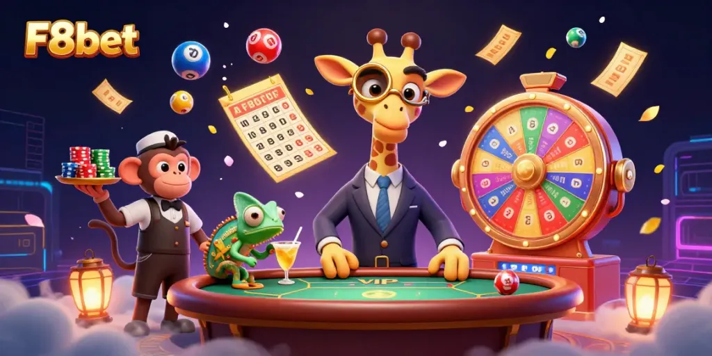 Experience the thrill of F8bet with vibrant lottery elements and charismatic characters.