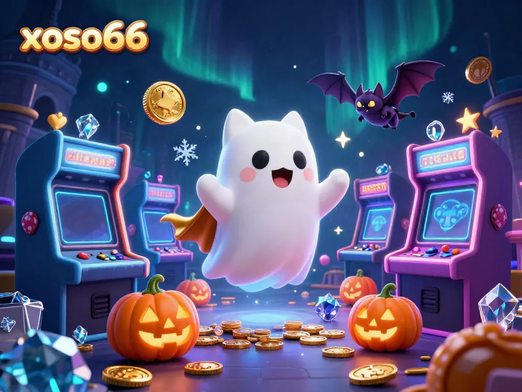 Engage in thrilling gameplay at xoso66 while a ghost cat and bat explore a vibrant casino scene.