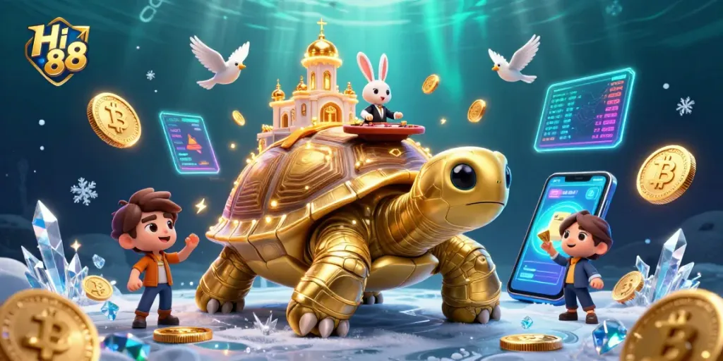 Engage with Hi 88's vibrant casino atmosphere, featuring a golden tortoise and a rabbit dealer.