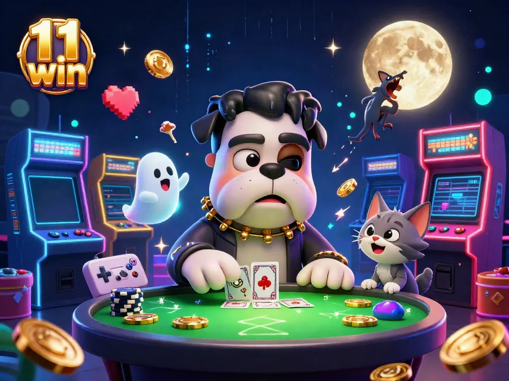 Engage with the thrilling world of 11 win as a Frankenstein bulldog deals cards in a vibrant casino.