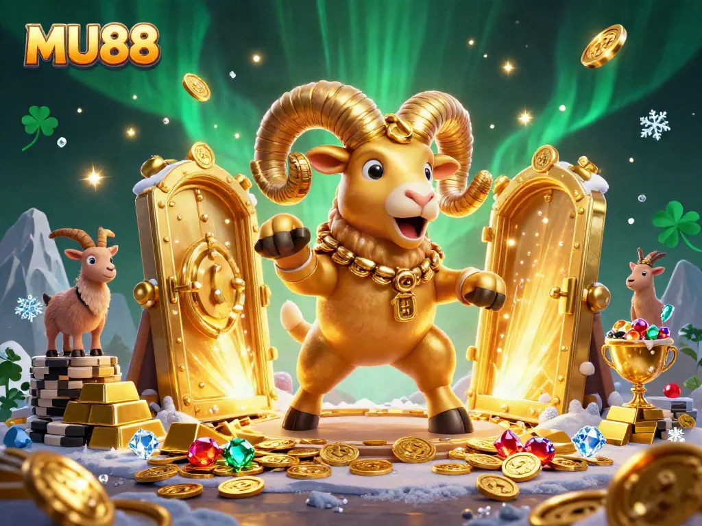 Engage in thrilling gameplay with MU88's massive golden ram charging through a treasure-filled casino.