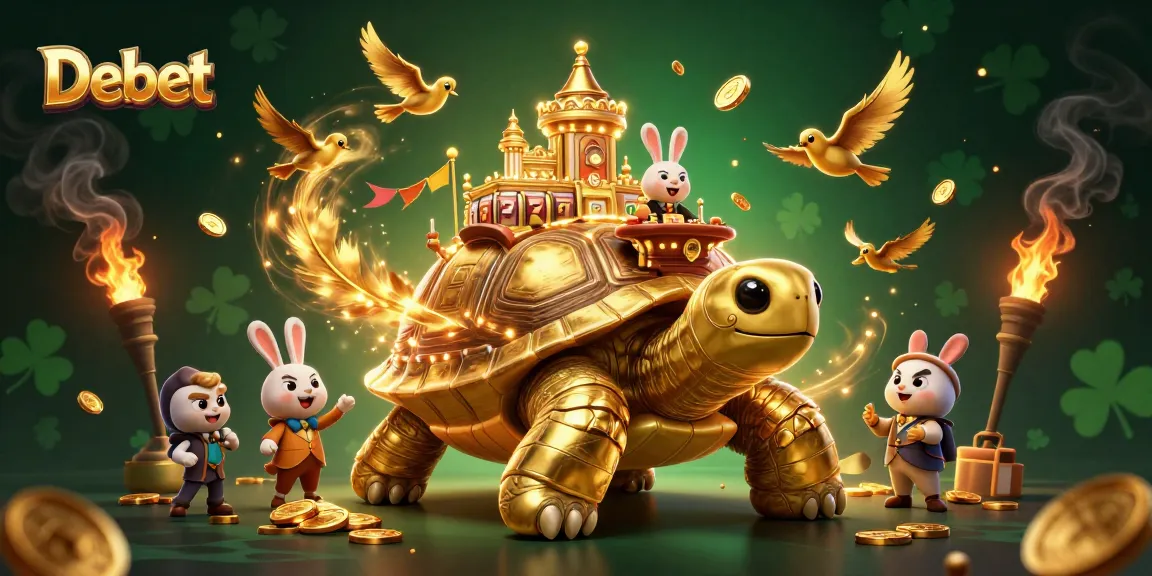 Debet showcases a lively 3D scene with a golden tortoise casino, rabbit dealer, and flying coins.
