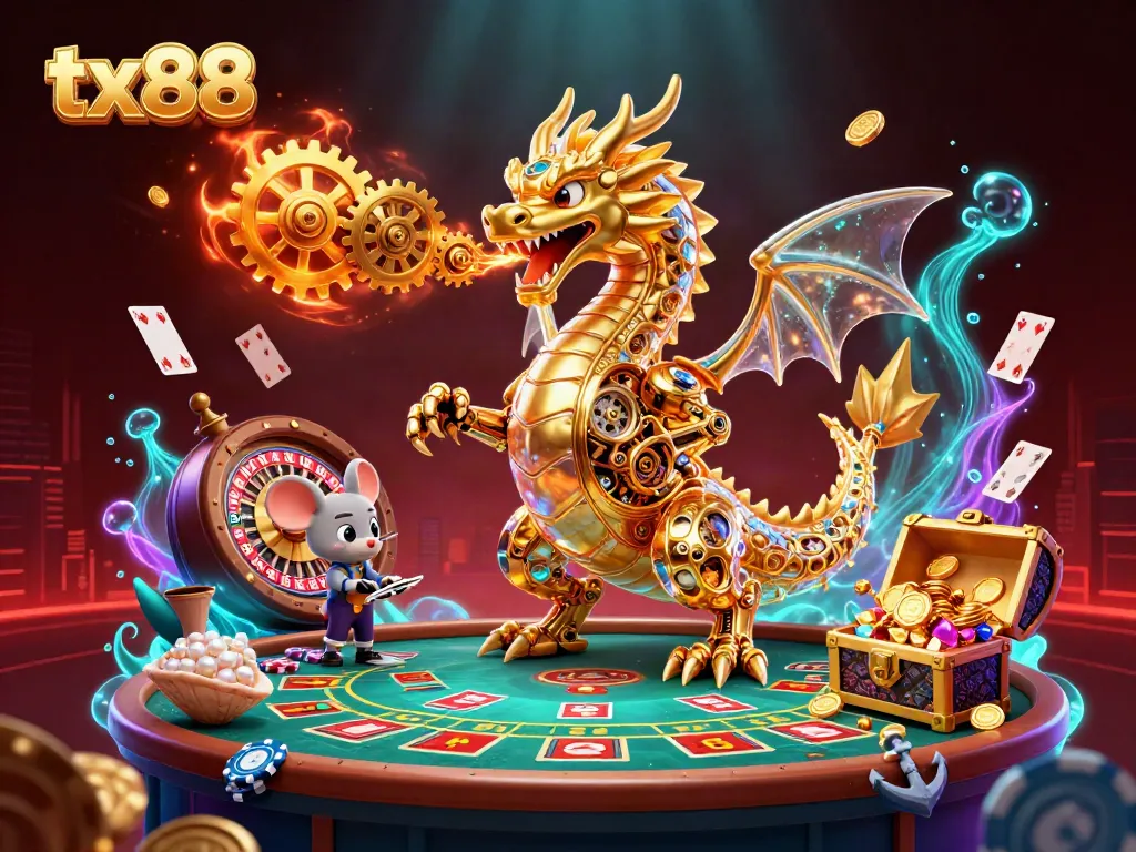 Experience thrilling games at tx88 with a vivid 3D scene showcasing a golden dragon amid casino elements.