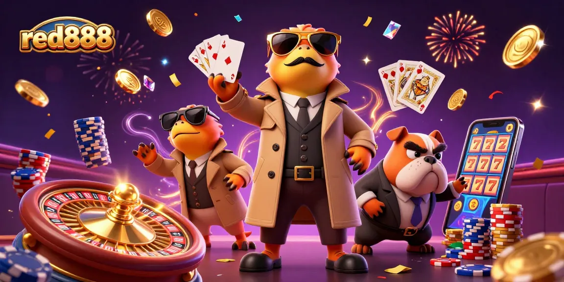 Red888 raptors try to enter a VIP casino, surrounded by sparkling gems and coins.
