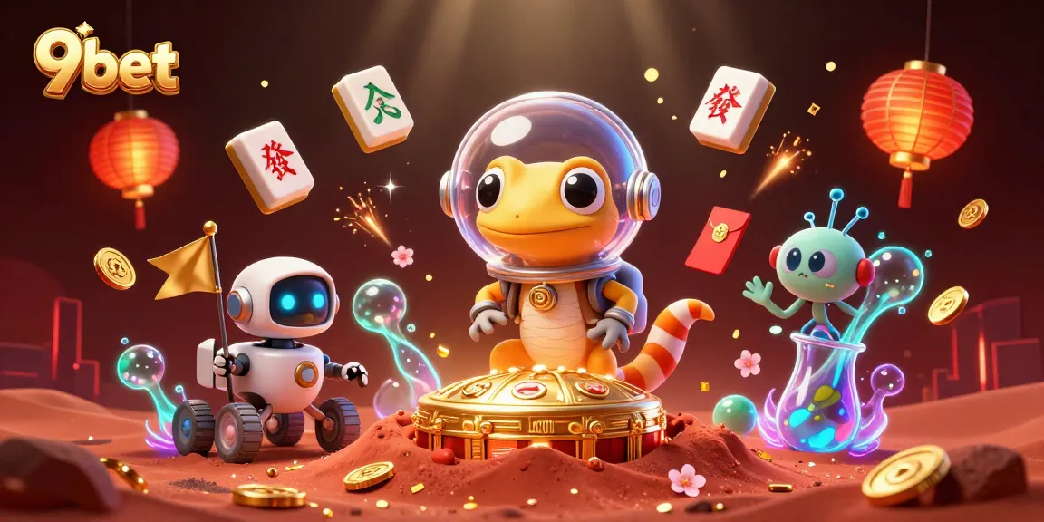 9bet engages in thrilling casino adventures with vibrant 3D Martian gecko discovering treasures.