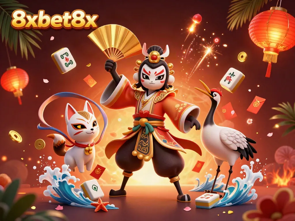 Engage with 8xbet8x through vibrant visuals featuring dynamic gaming characters and festive elements.