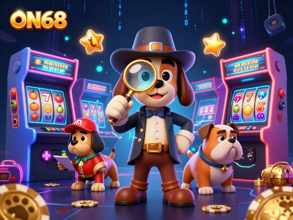 Engage with ON68's thrilling casino scene featuring a detective searching for clues in a vibrant gaming world.