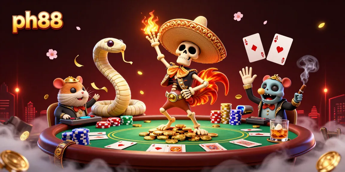 Experience thrilling wins at ph88 with a lively 3D casino celebration featuring winning poker elements and vibrant characters.