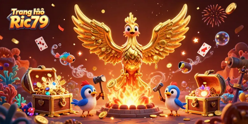 Engage with the vibrant action of Trang chủ Ric79 illustrated with a molten gold phoenix and casino elements.