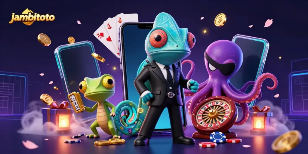 Experience thrilling action with jambitoto as characters interact with slot games and vibrant casino elements.