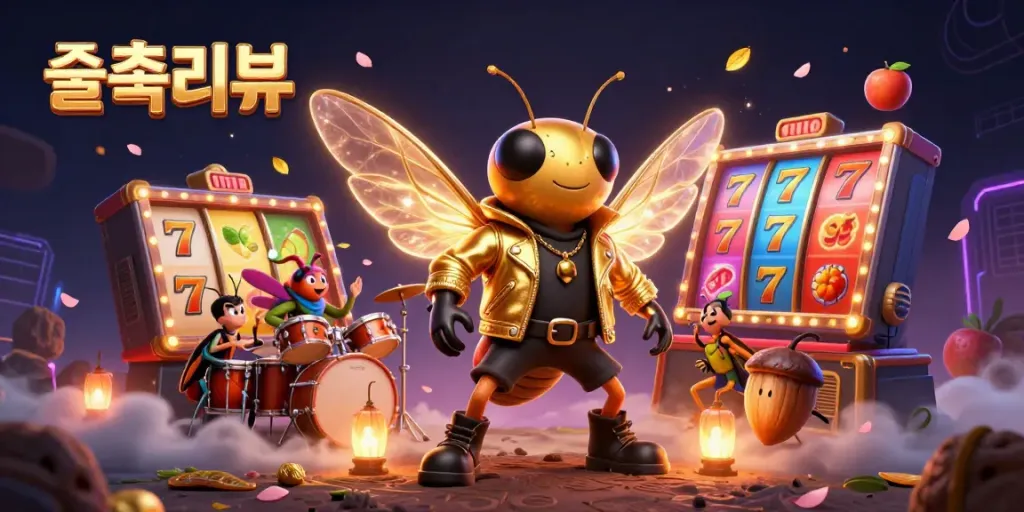 Experience the excitement of 슬롯리뷰 with a vibrant scene of slot reels, lucky symbols, and lively characters.