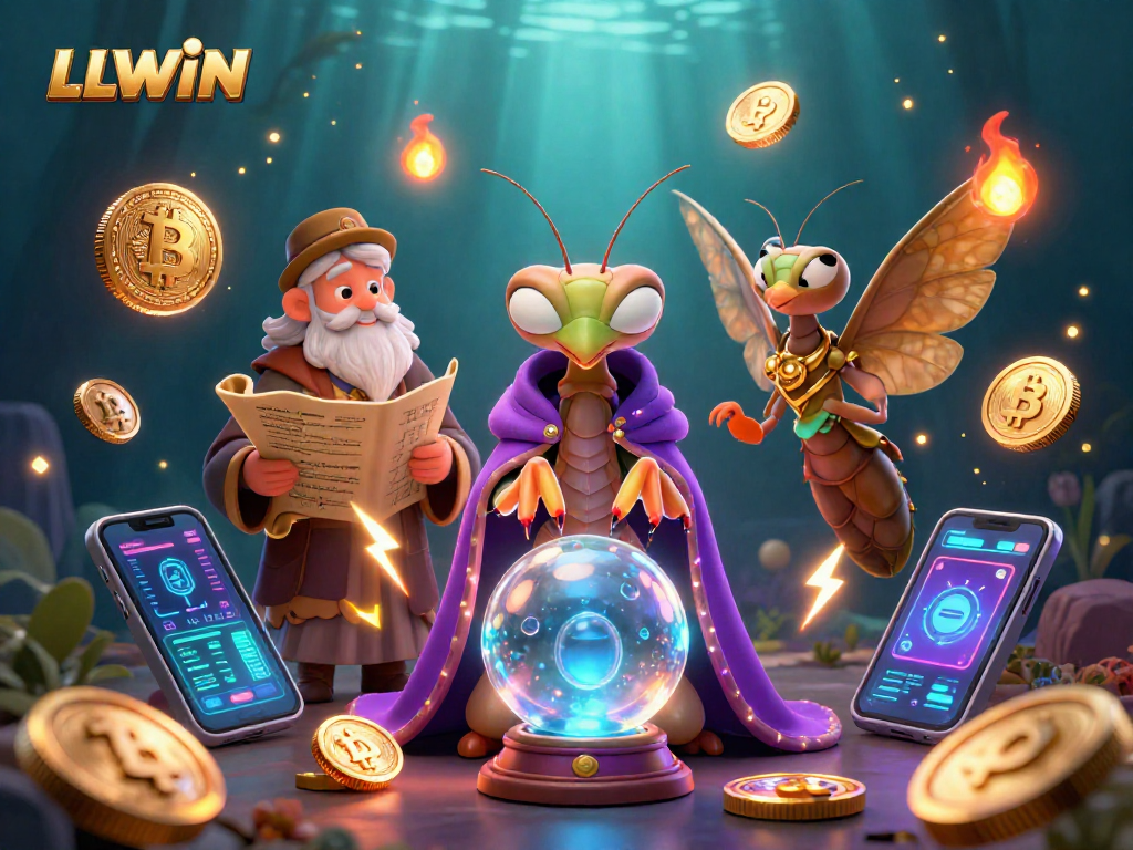 LLWIN illustrates exciting 3D characters engaging with vibrant casino elements and cryptocurrency, showcasing thrilling gaming.