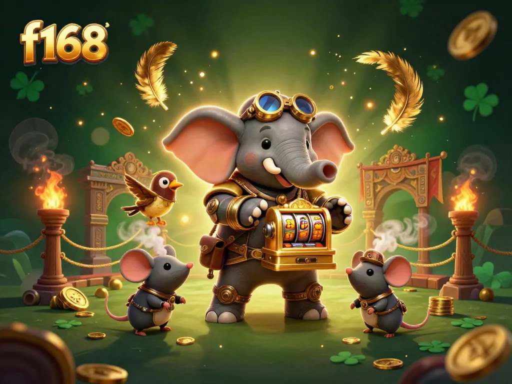 Experience thrilling gaming action with the f168 steampunk elephant engineer operating a golden slot machine.