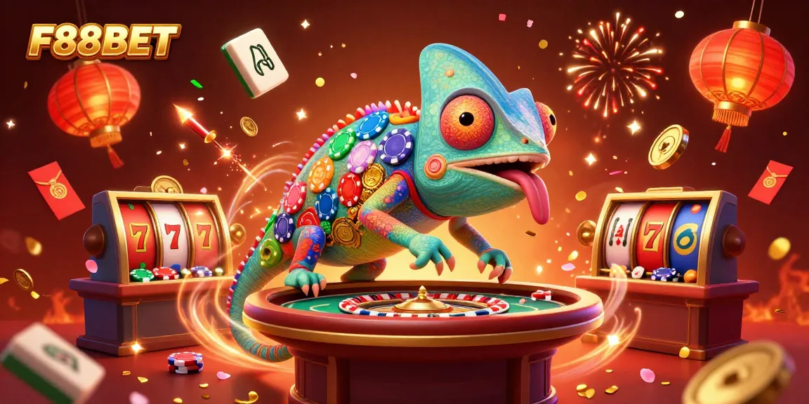 Engage with the vibrant world of F88BET, where a colorful chameleon casino owner collects golden coins amidst a festive celebration.