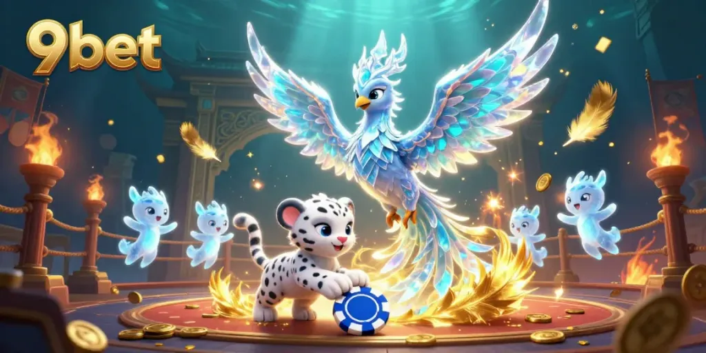 Engage with vibrant gaming elements at 9bet, featuring a lively ice phoenix and sparkling tokens.