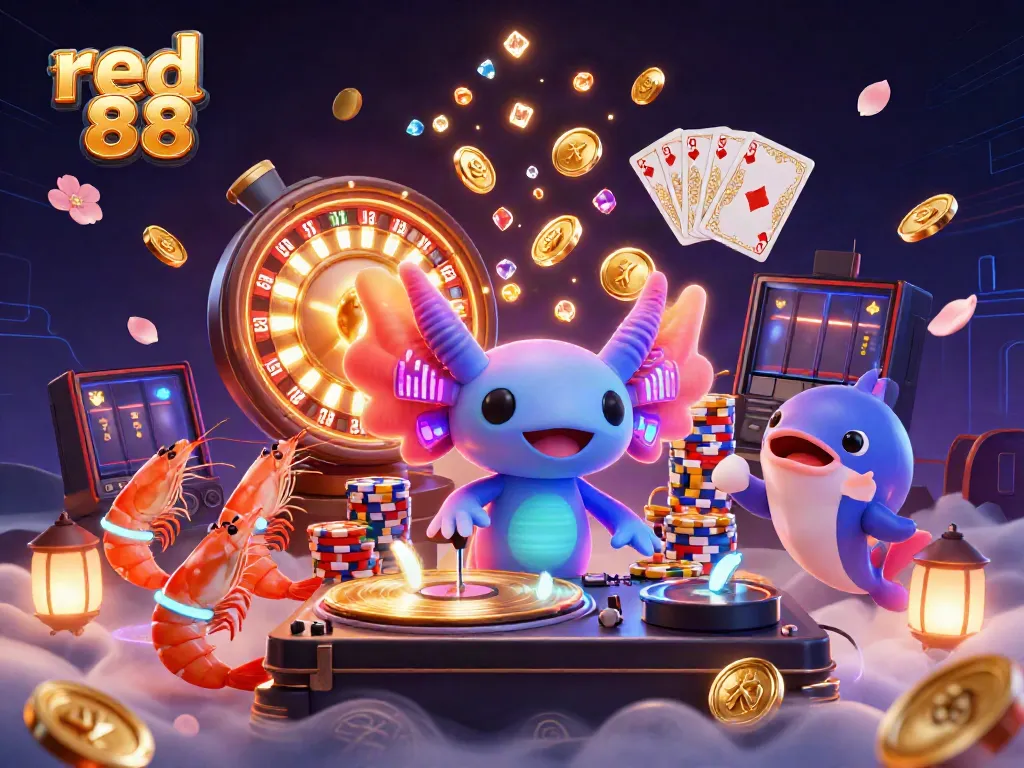Engage with red 88 in a vibrant casino scene featuring a neon axolotl DJ spinning golden records.