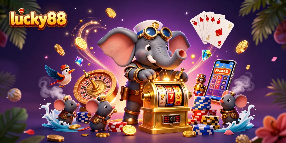 Spin the lucky88 slot machine with cascading coins and colorful poker chips in this vibrant casino scene.