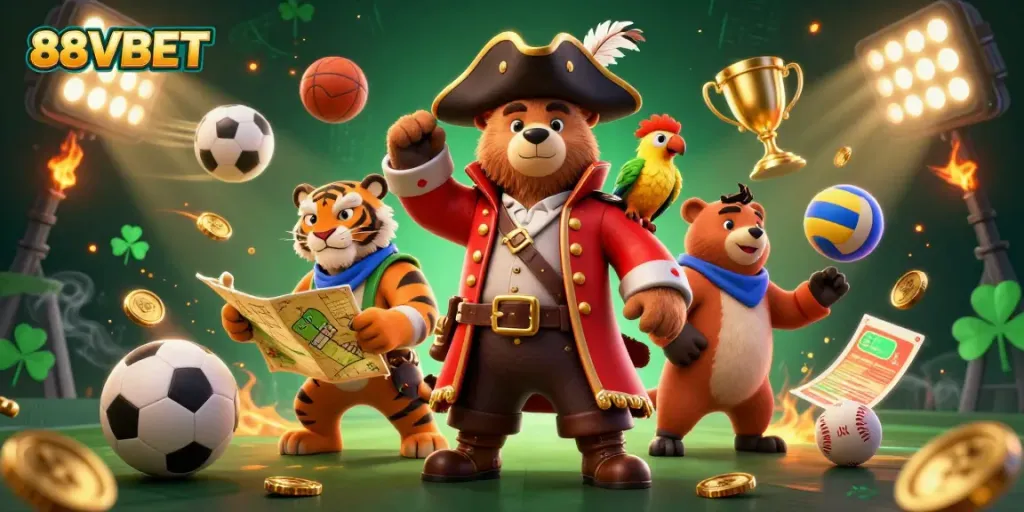 Experience thrilling action at 88VBET with animated sports and treasure in a vibrant casino scene.