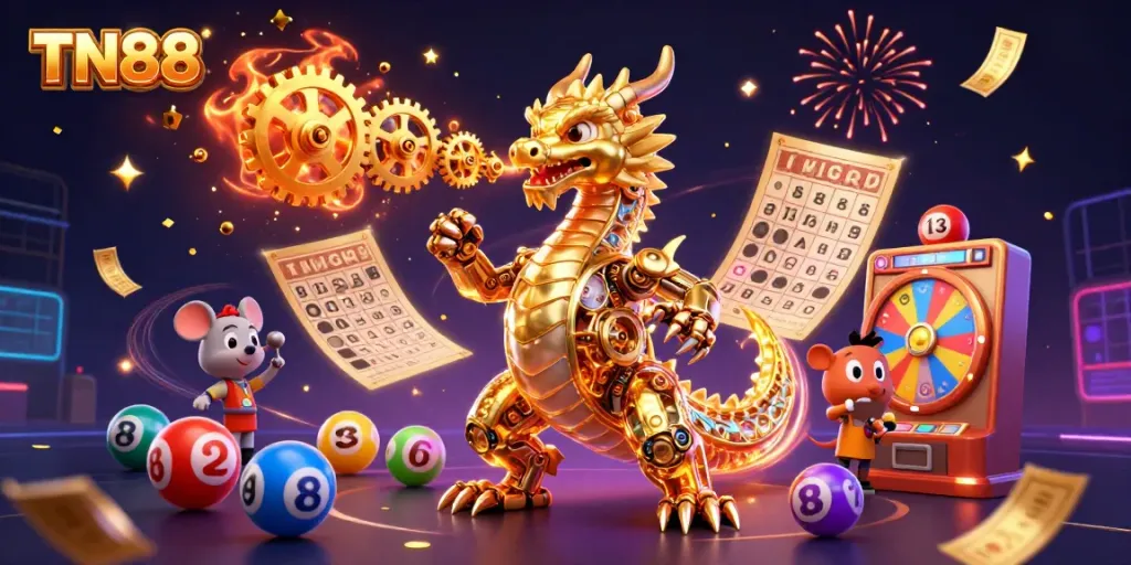 Engage with TN88's vibrant gaming experience featuring a golden dragon and interactive casino elements.