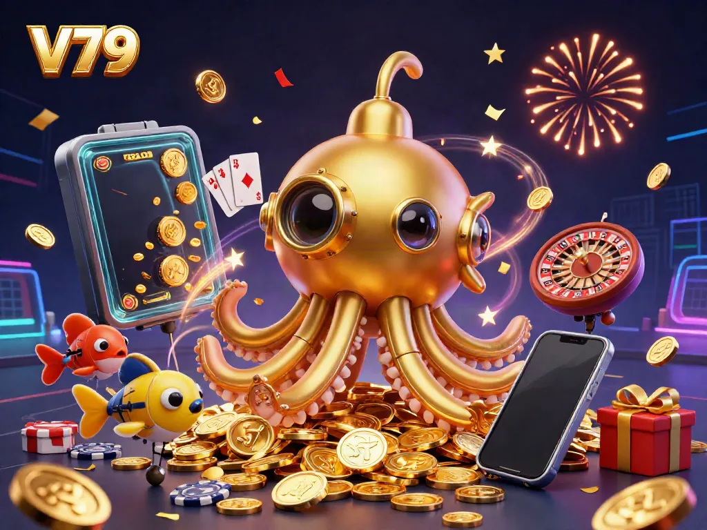 Experience thrilling wins at V79 with a vibrant 3D kraken submarine amidst gold coins and exciting gaming elements.