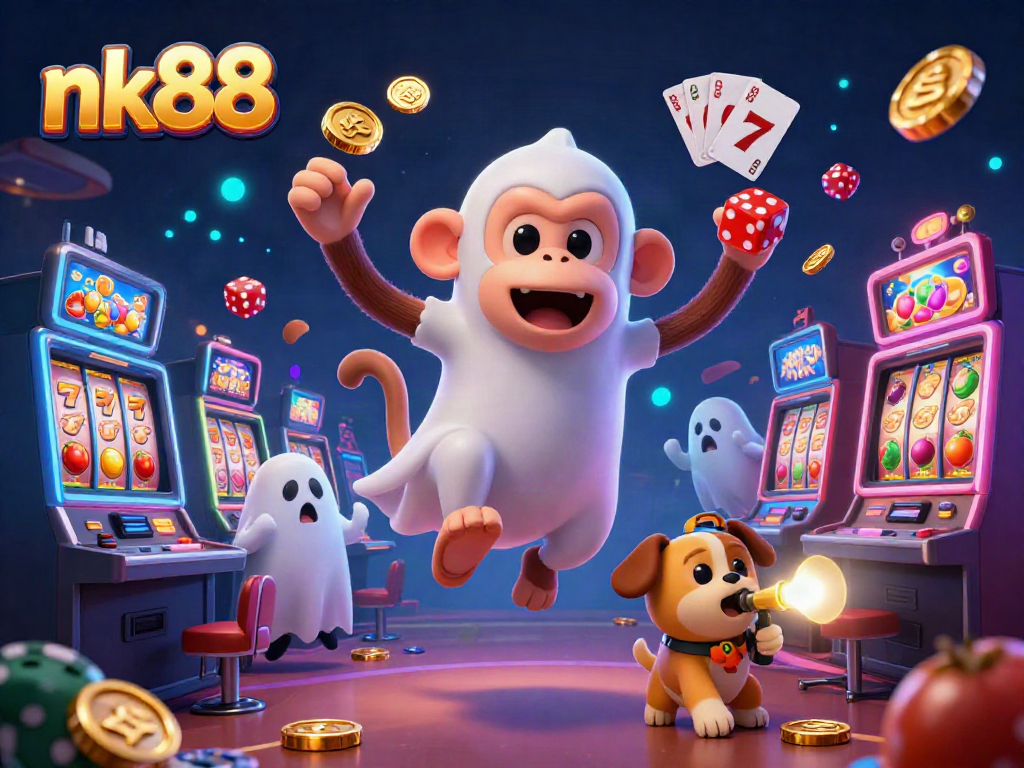Experience the thrill of nk88 with a poltergeist monkey juggling casino treasures in a vibrant illustration.