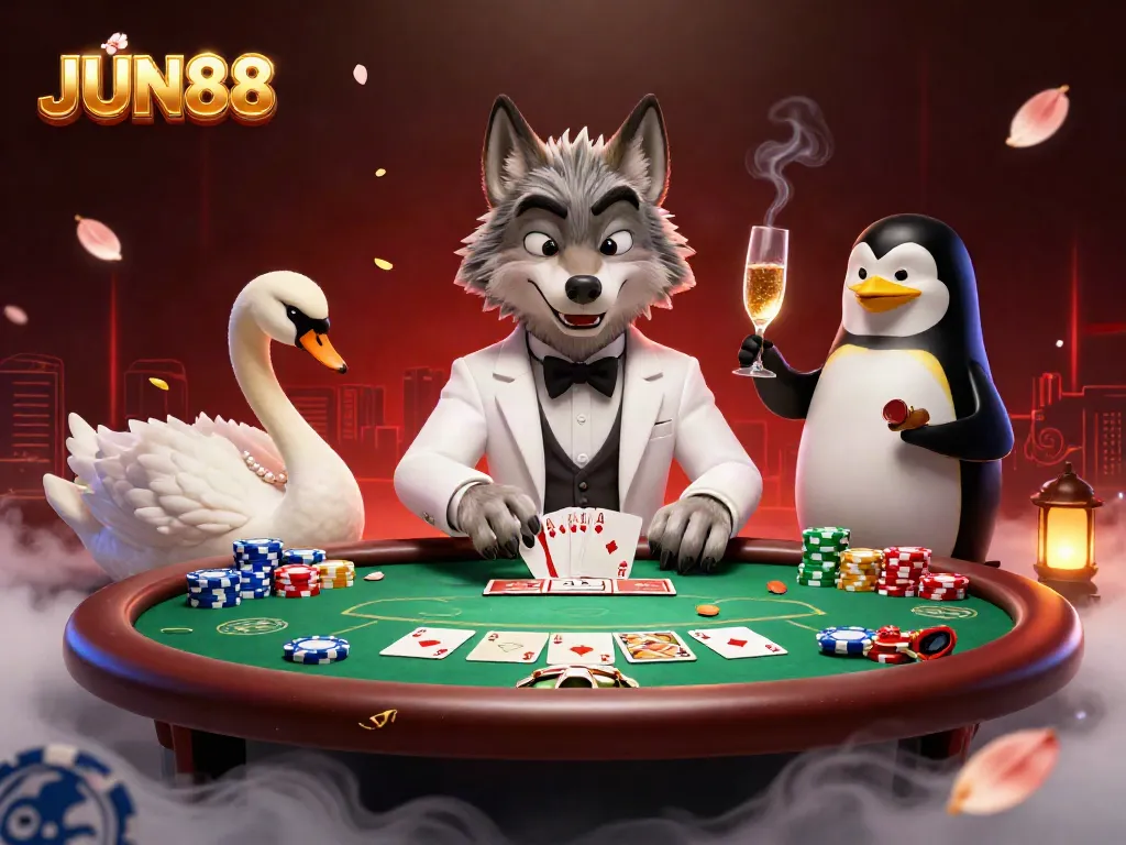 Experience the excitement of JUN88 with a debonair wolf at a baccarat table, an elegant swan, and a penguin sommelier.