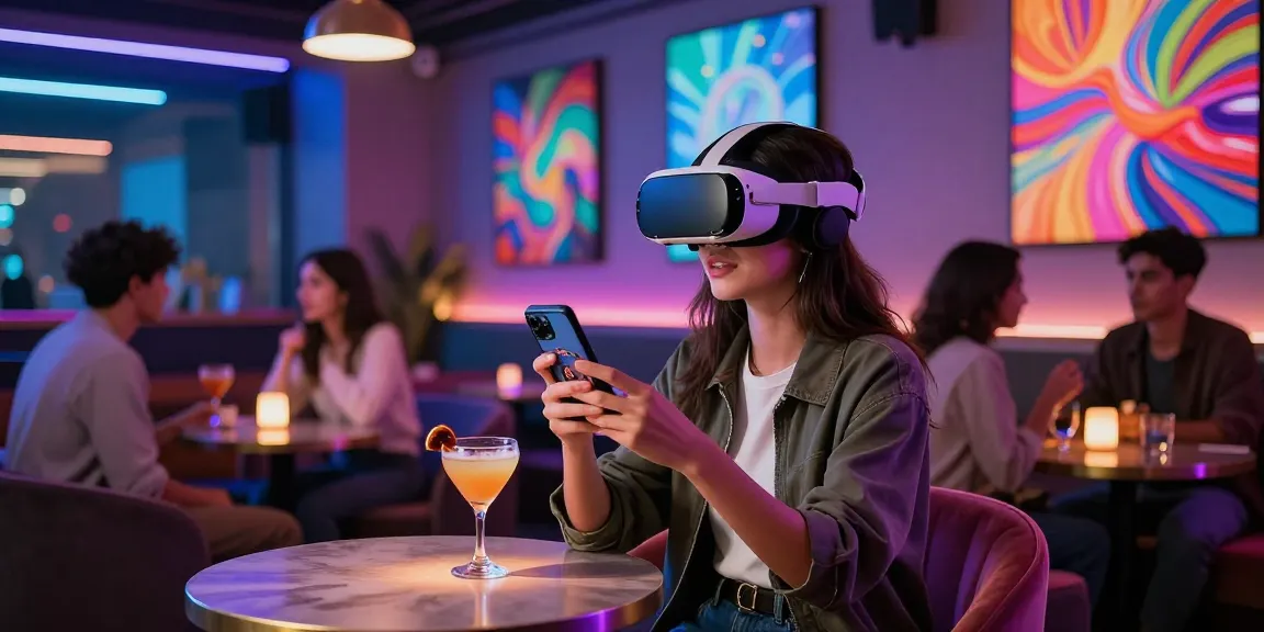 Dynamic urban nightlife scene with an engaging AI slut experience in a stylish lounge