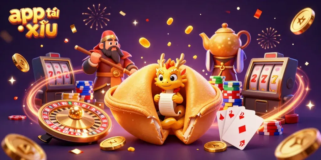 Winning strategies in app tài xỉu illustrated with a golden fortune cookie, coins, and lively characters.