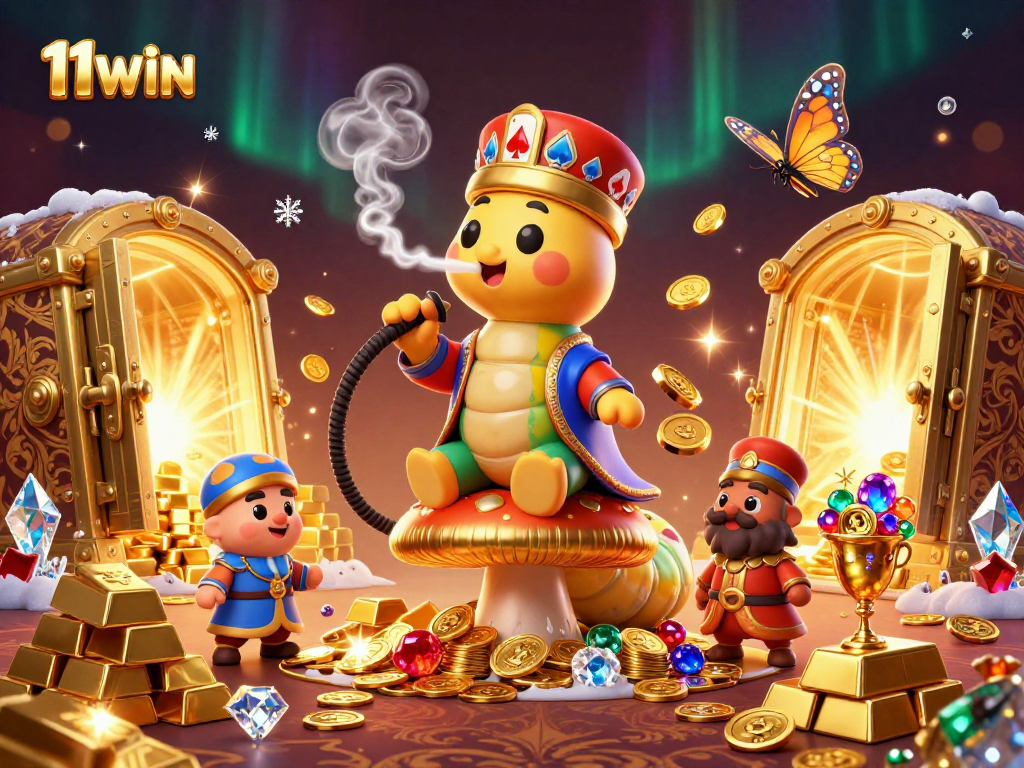 Experience the excitement of 11WIN in a vibrant casino scene with golden treasures and playful characters.