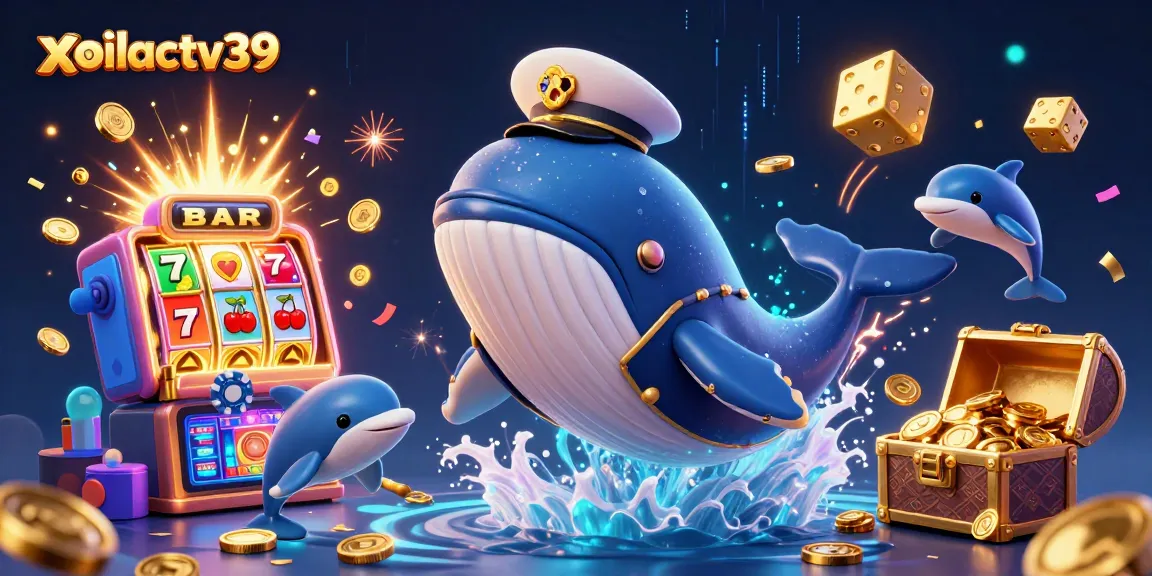 Experience thrilling online betting with xoilactv39 as a whale breaching through coins in a vibrant casino world.