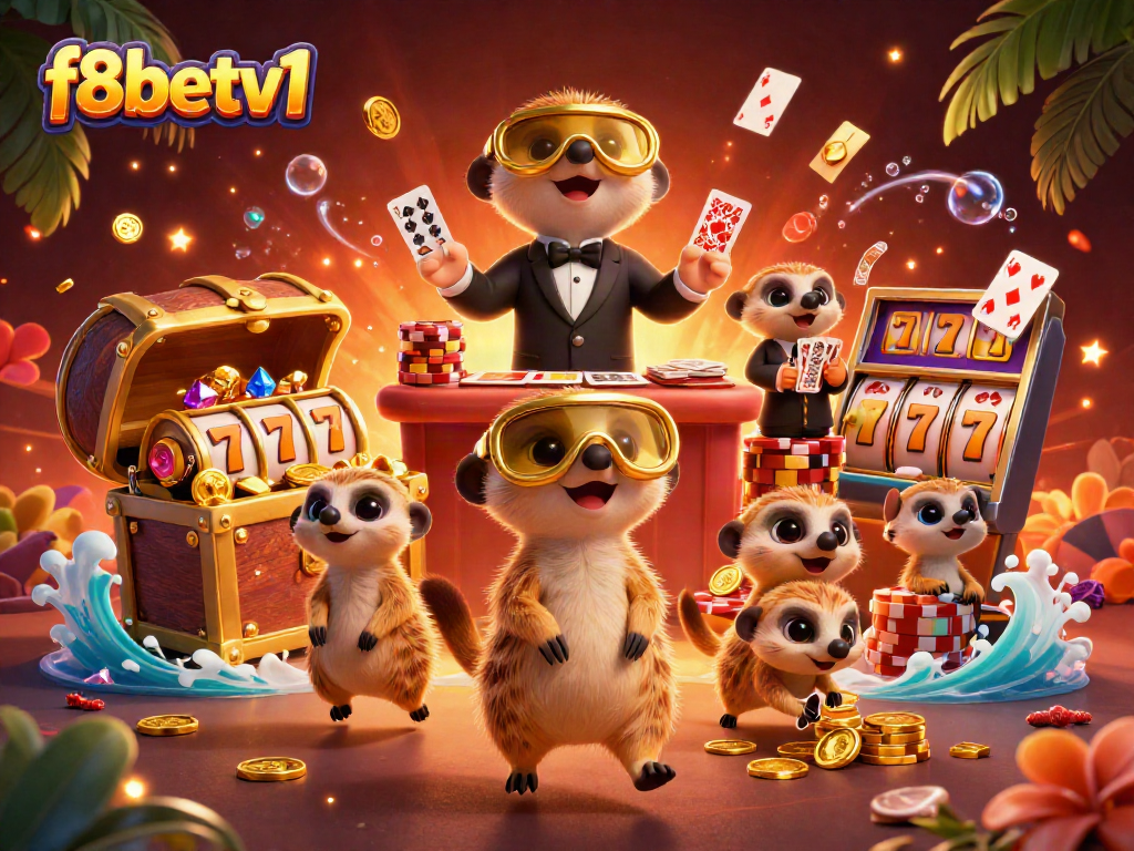 Immerse in the exciting f8betv1 casino scene with meerkats managing a vibrant gaming operation.