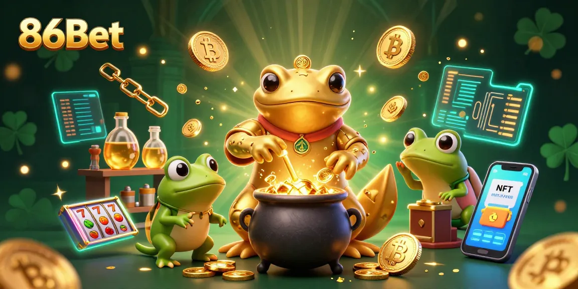 Engaging 86Bet promotion featuring a golden salamander alchemist and bitcoin symbols.